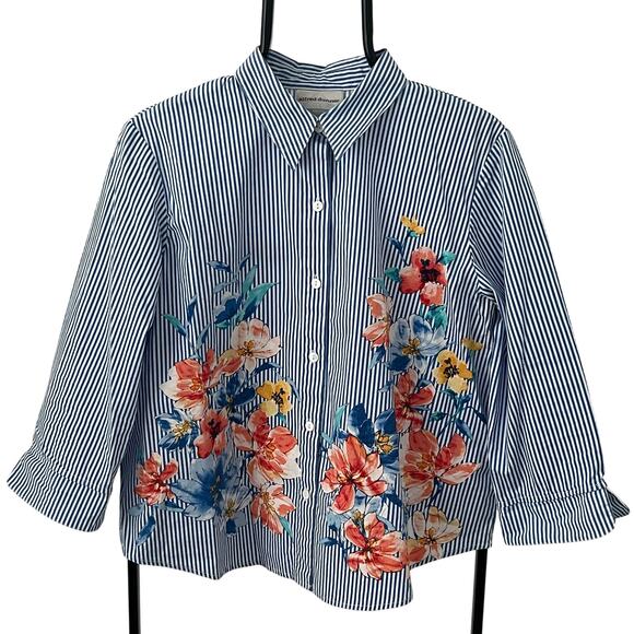 Alfred Dunner Blue White Stripe Floral 3/4 Cuff Sleeve Blouse ~ Women's 14P - Picture 1 of 4